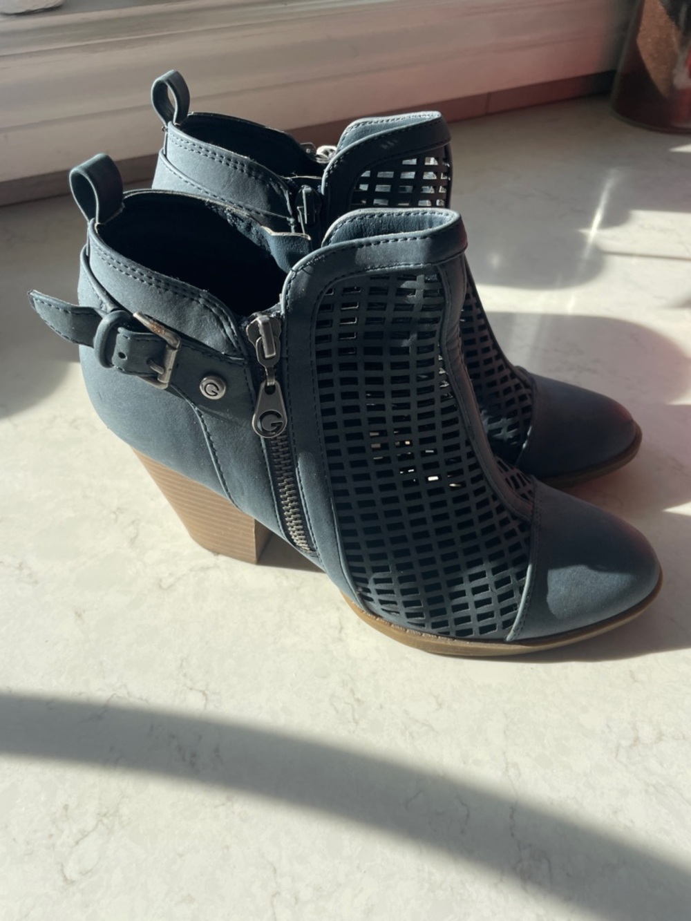 Guess Slate Blue Cutout Ankle Booties with Buckle